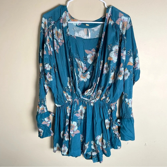 Free People Shirt Tuscan Dreams Printed Tunic Turquoise Blue Boho Floral Top - Picture 2 of 13